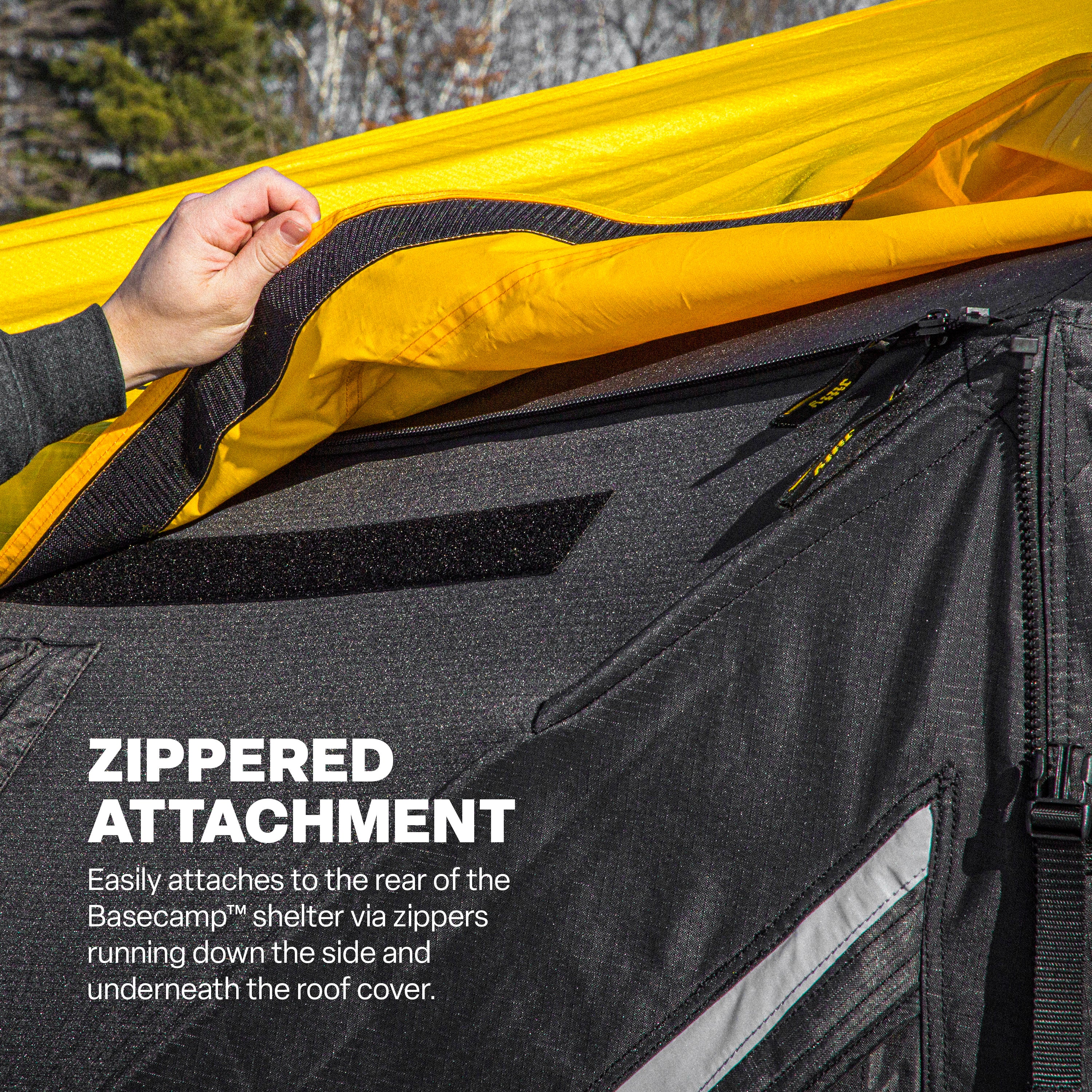 Close-up of a zippered attachment for a Basecamp shelter with text explaining its function.