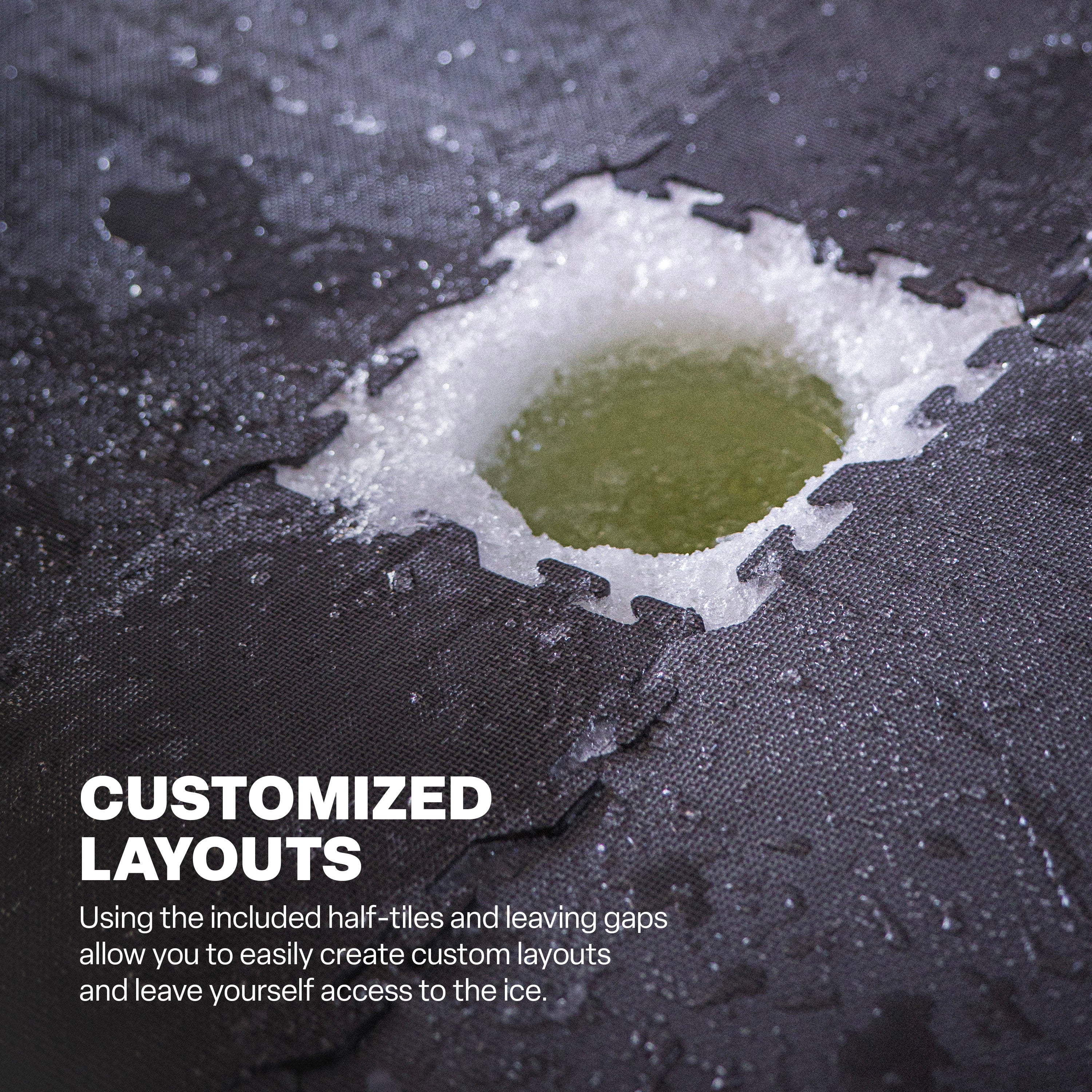 Close-up of foam floor tiles showing a gap with an ice fishing hole and describing the ability to use the included half-tiles to create custom floor layouts