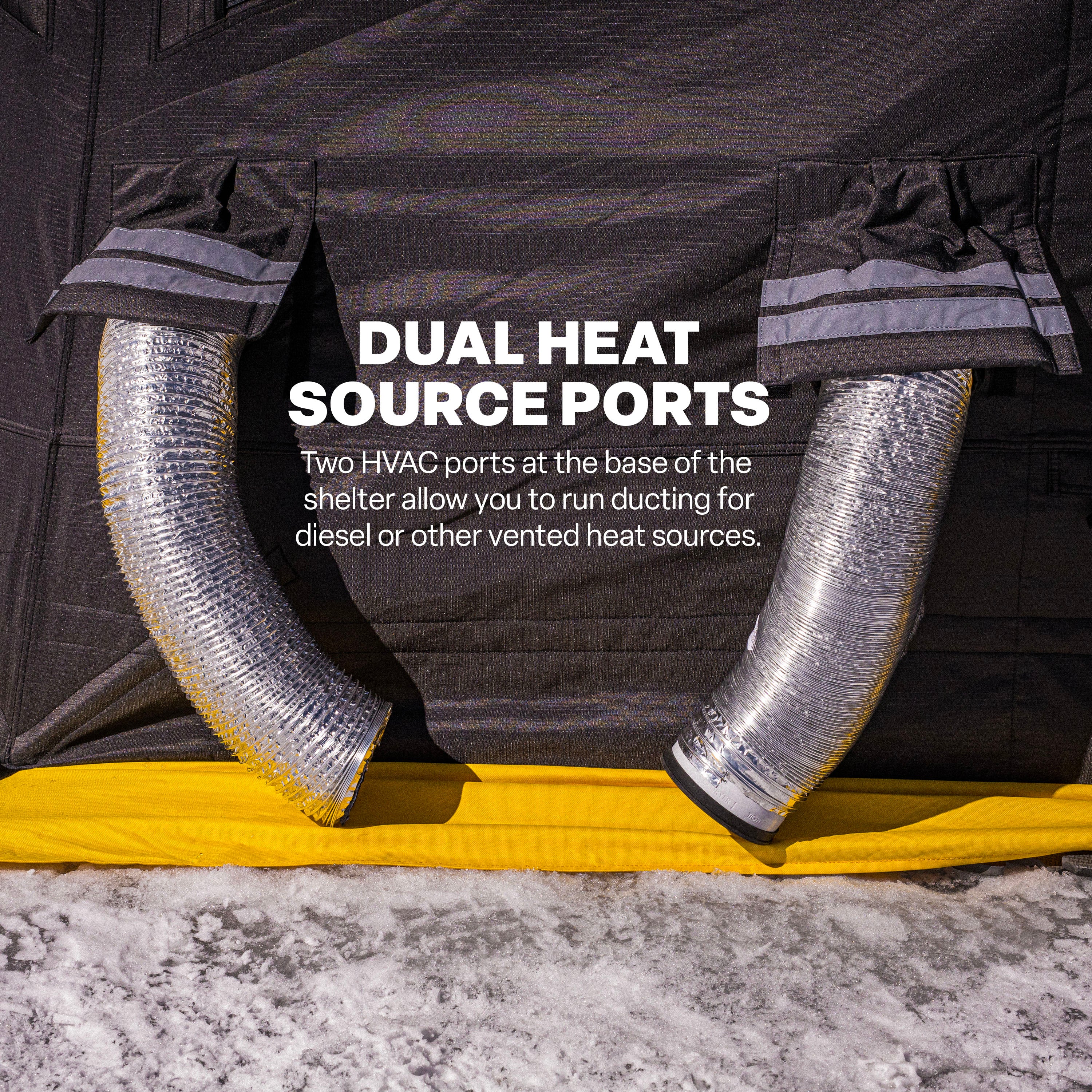 Dual heat source ports on a shelter with text explaining their function.