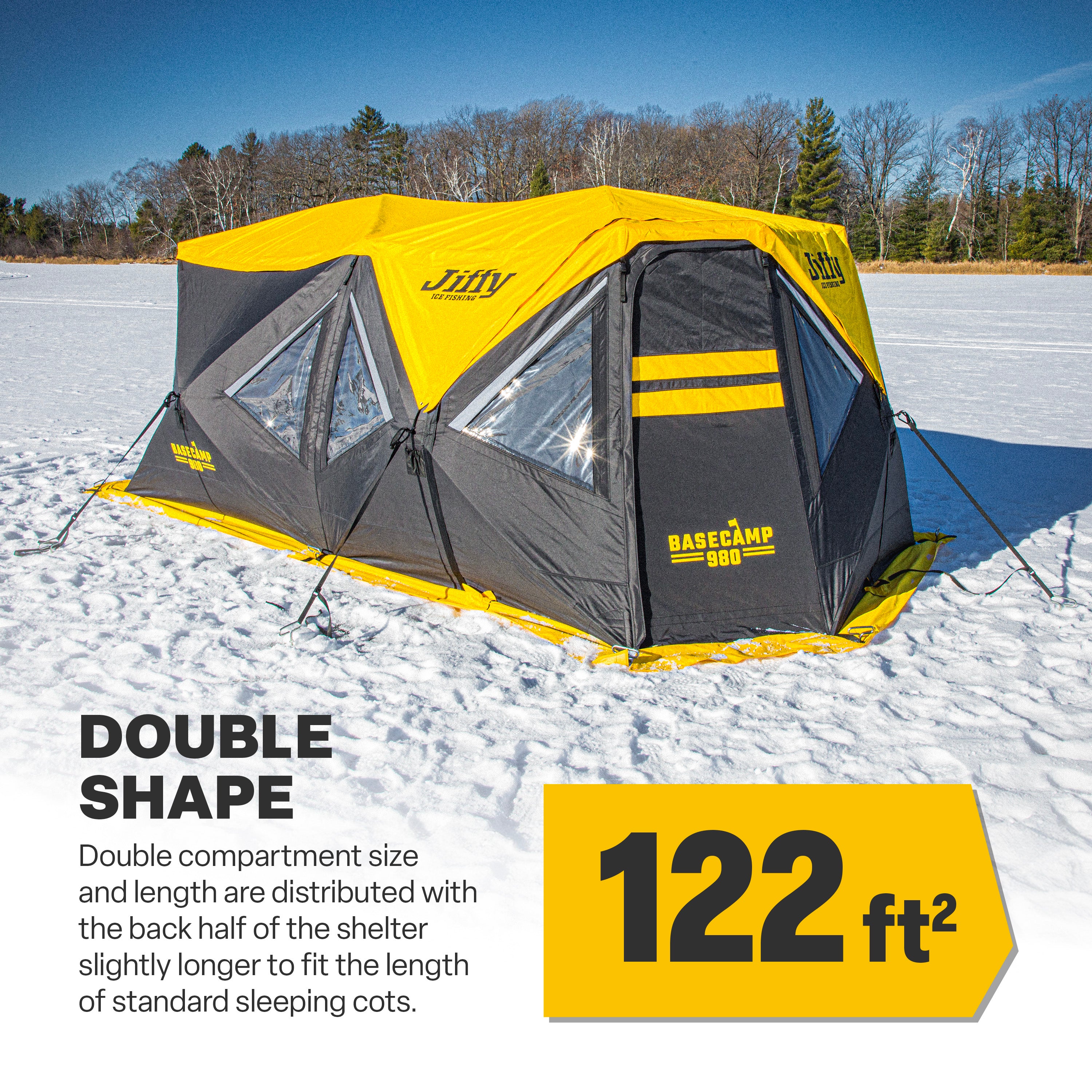 Black and yellow Basecamp™ 980 shelter with text describing it's 122 square foot size and double compartment shape