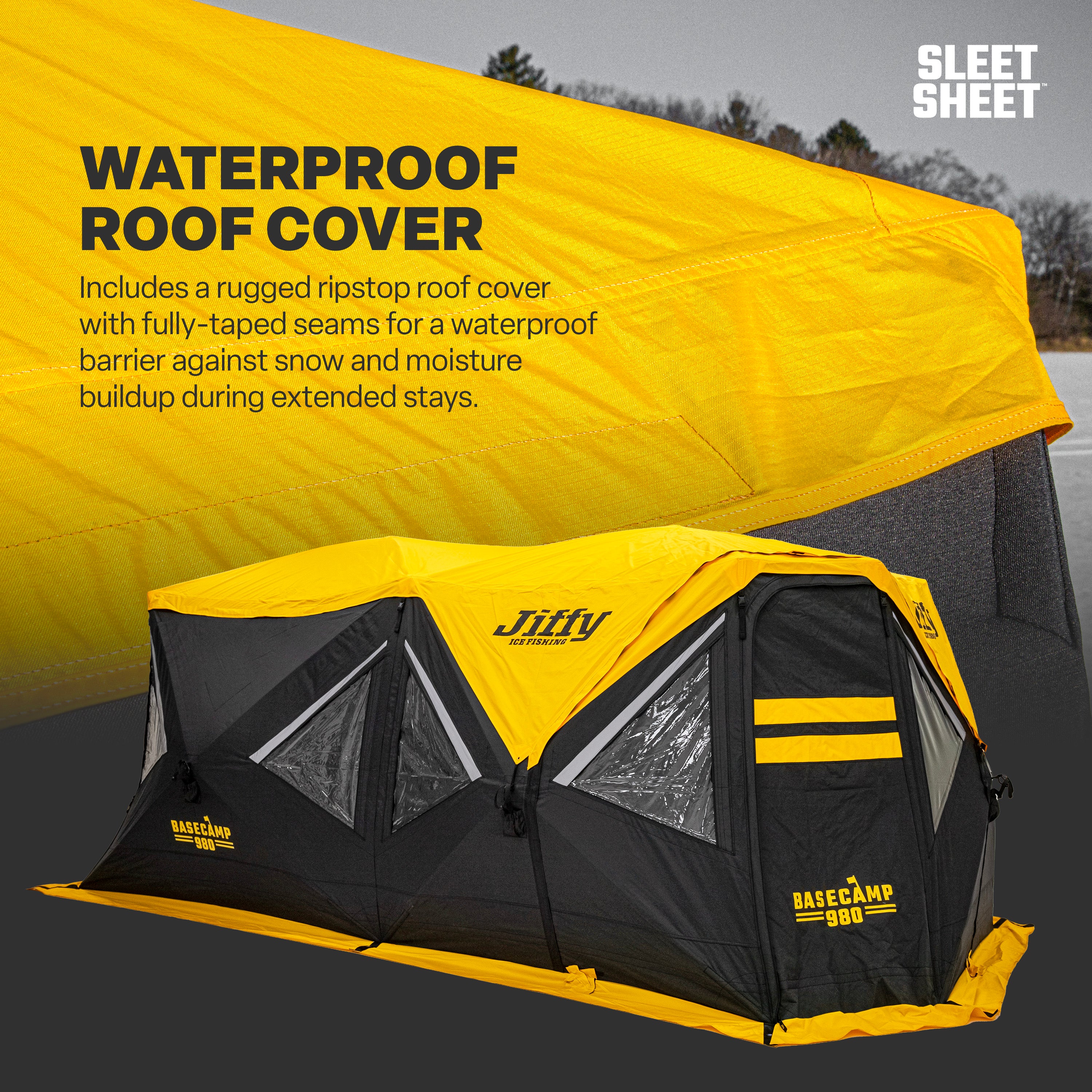 Yellow and black tent with waterproof roof cover and text about its fully-taped seams.