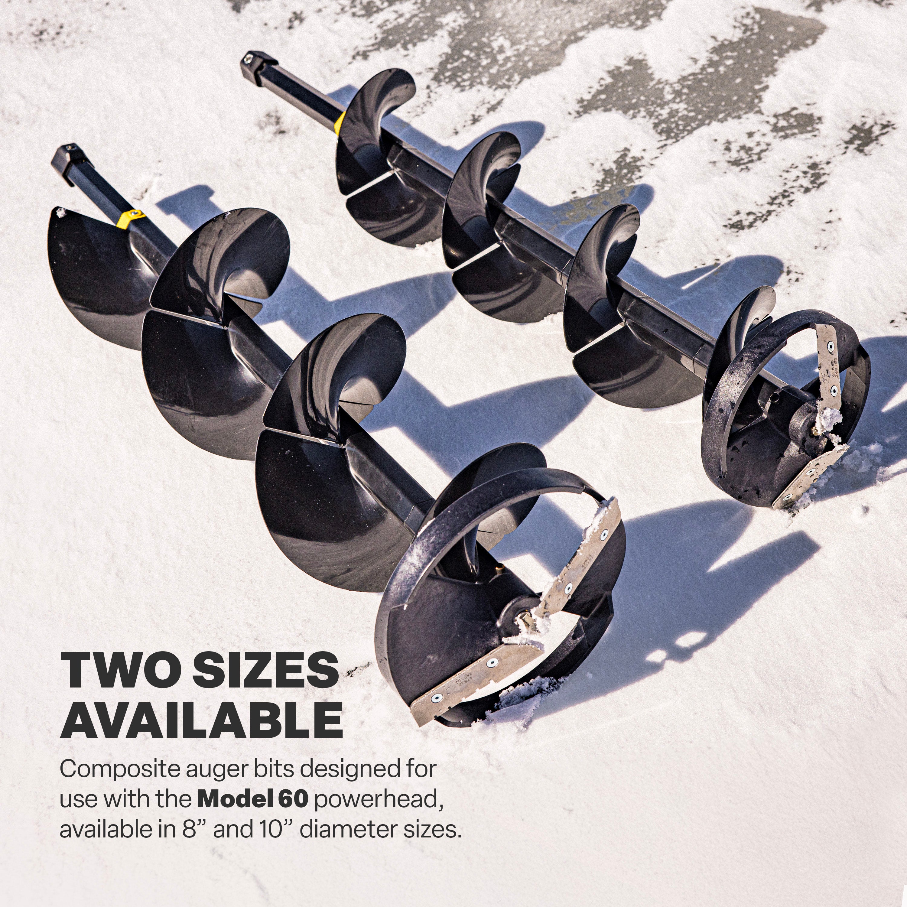 Two sizes of composite auger bits on a white background with text indicating that Model 60 is available in either 8" or 10" sizes.