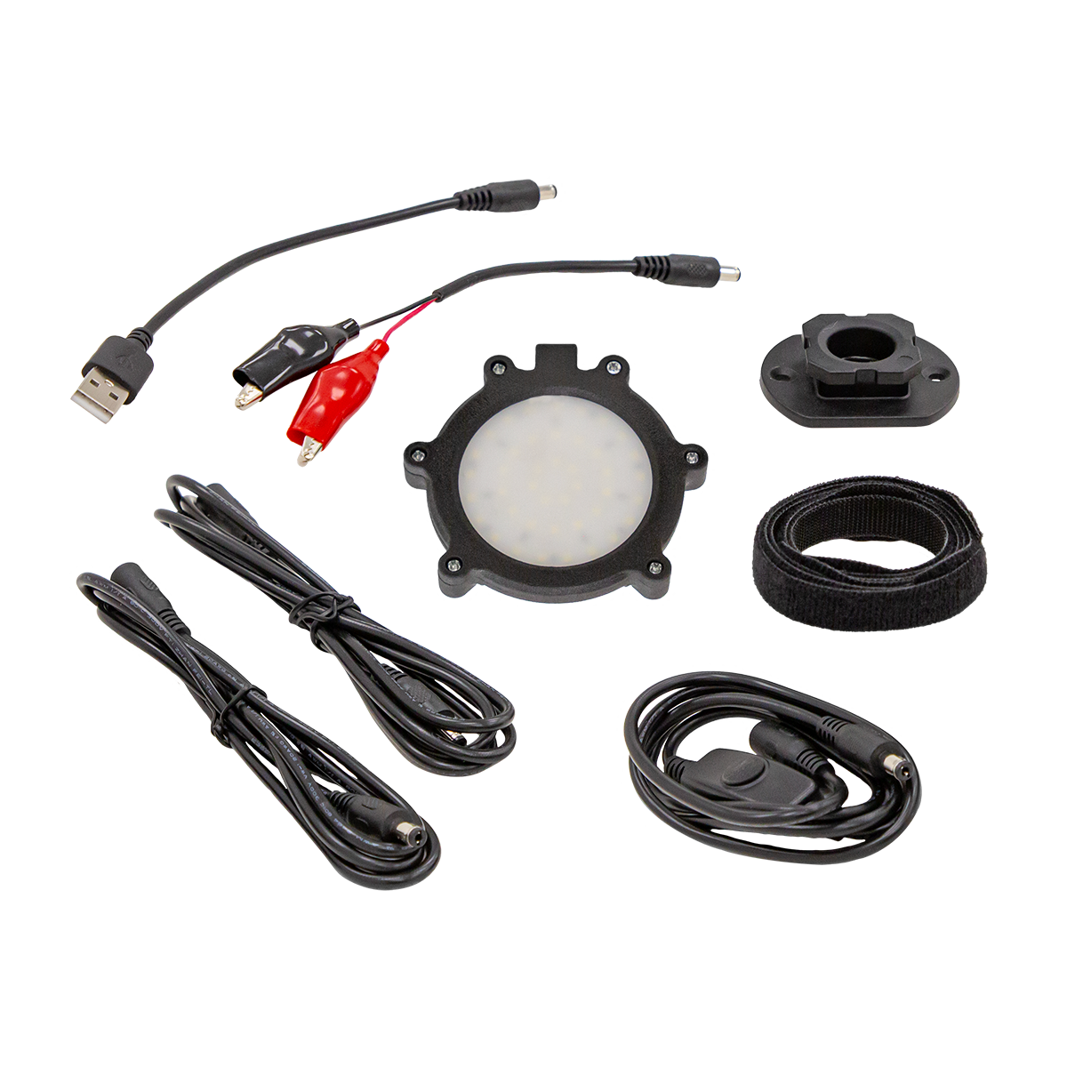JiffyLink Light Kit with LED disc light, USB and alligator clip connectors, cables and straps
