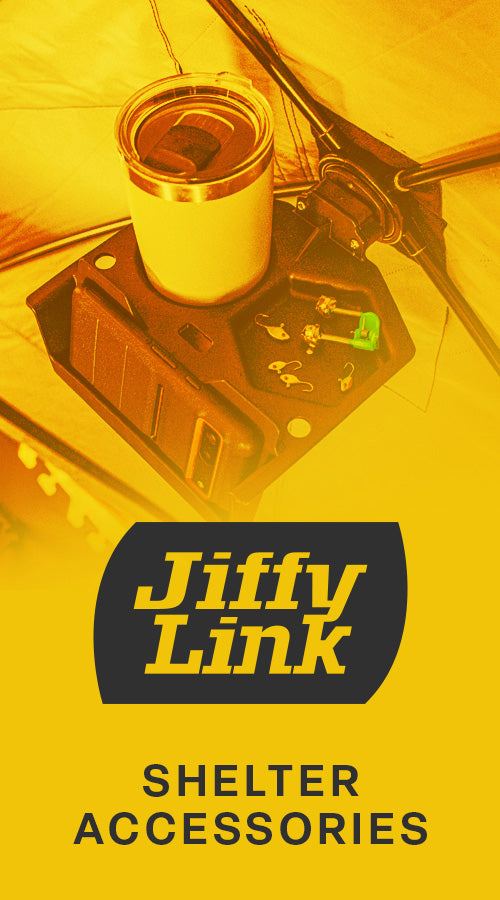 JiffyLink shelter accessories on a yellow background