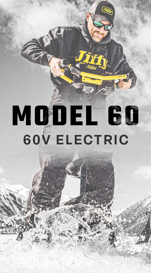 Person using a Jiffy Model 60 60V electric tool, with 'Jiffy' branding.