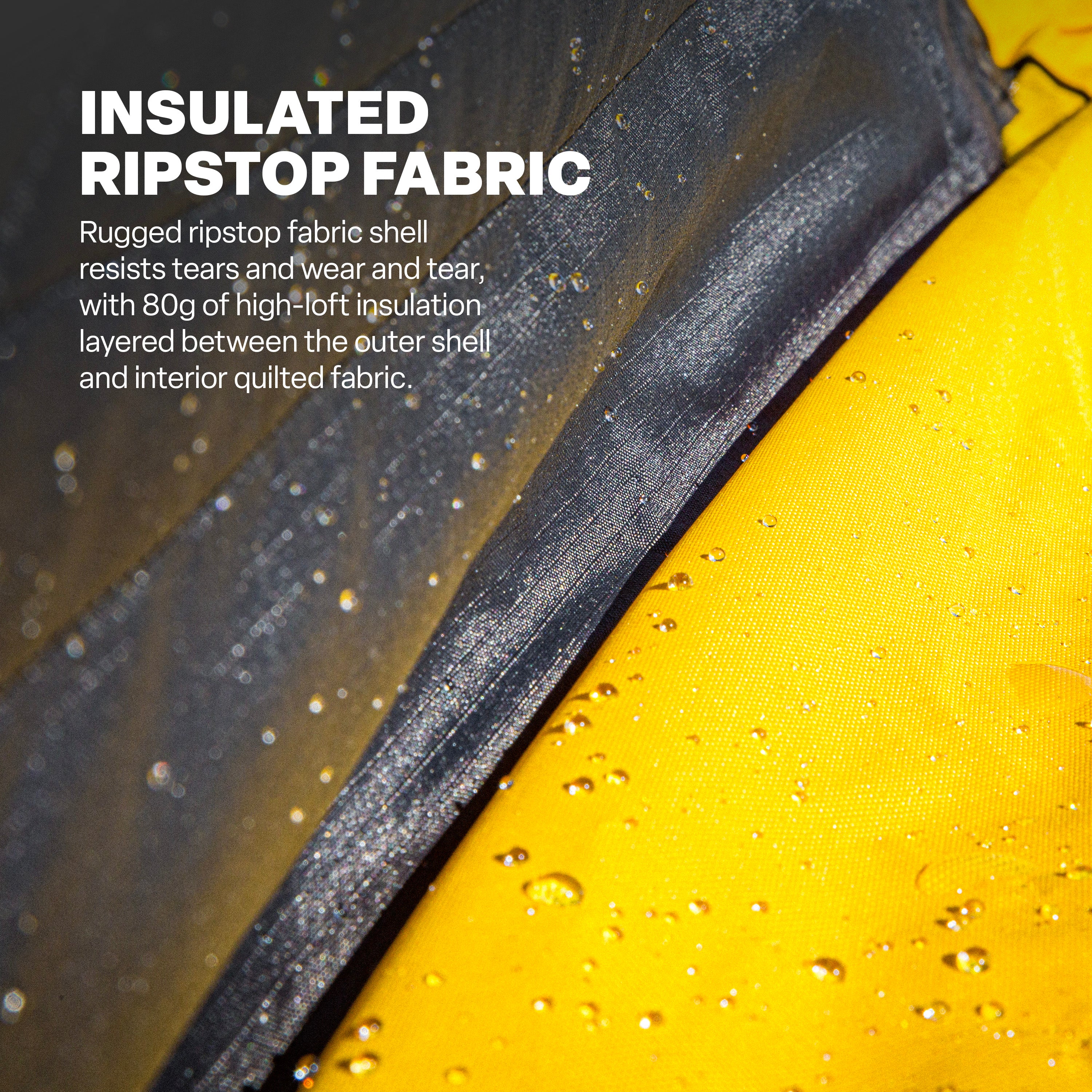 Close-up of insulated ripstop fabric with yellow and black colors, showing water droplets.
