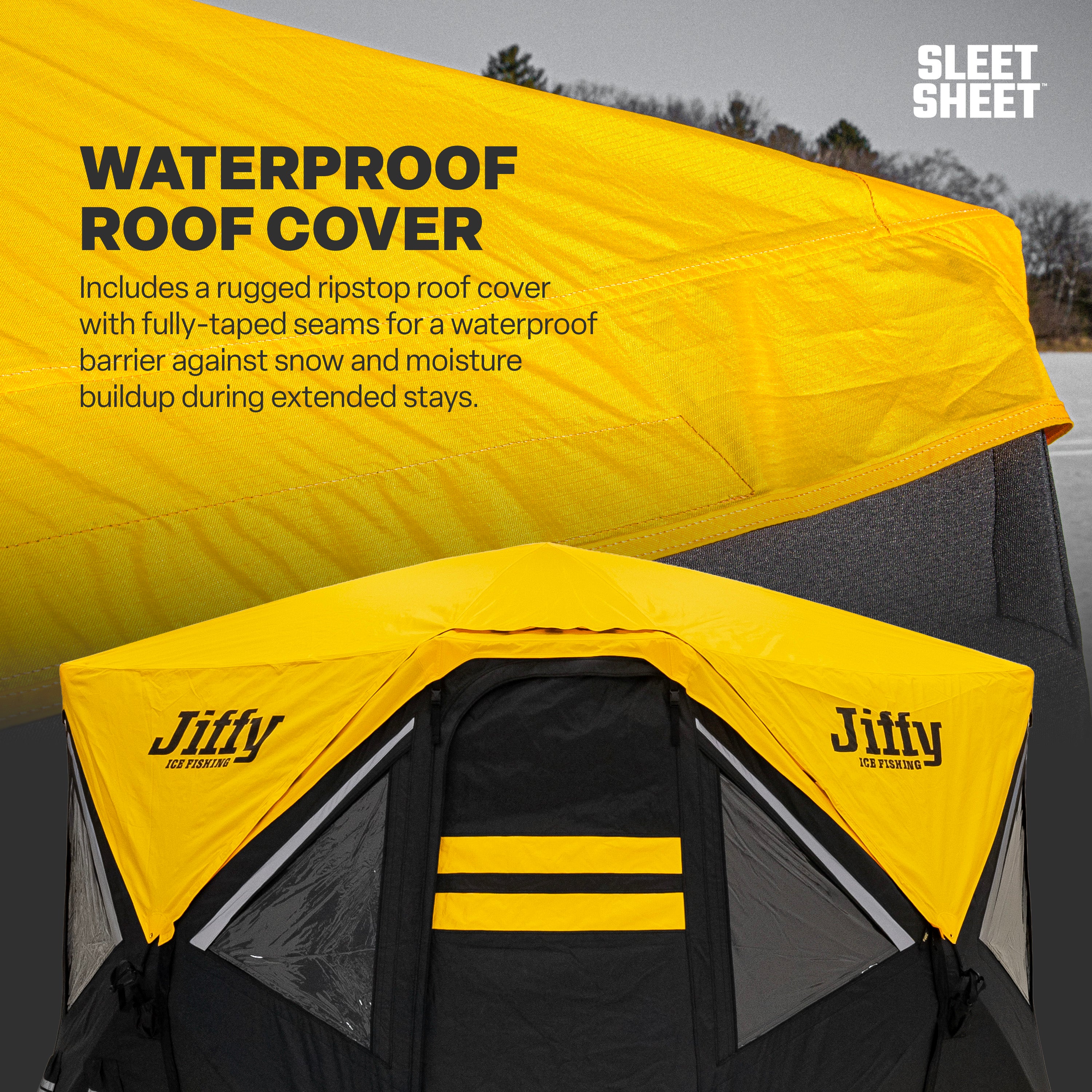 Yellow waterproof Sleet Sheet™ roof cover with text describing its rugged, ripstop material and taped seams.