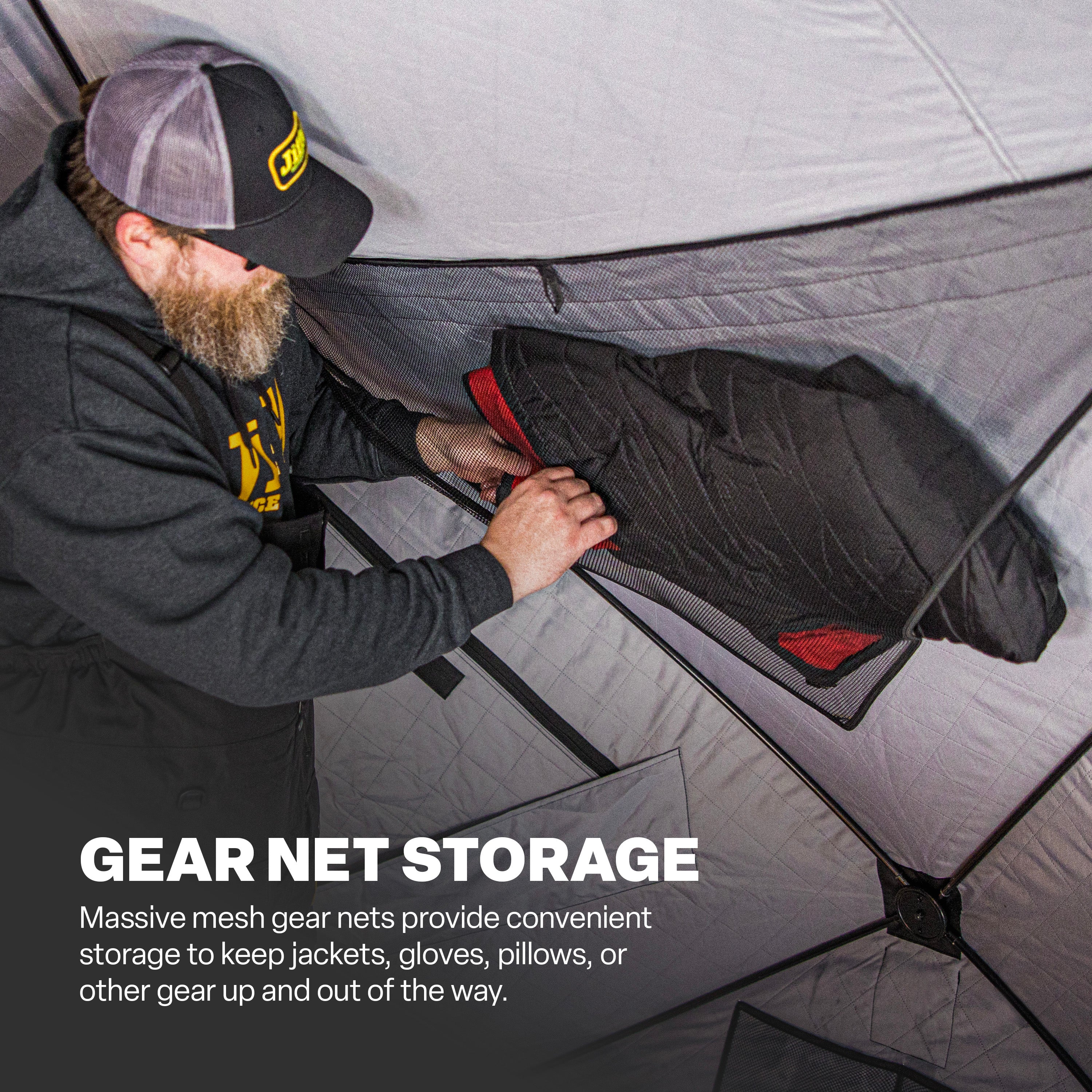 Person organizing gear in a mesh storage net inside a tent with text about gear net storage.